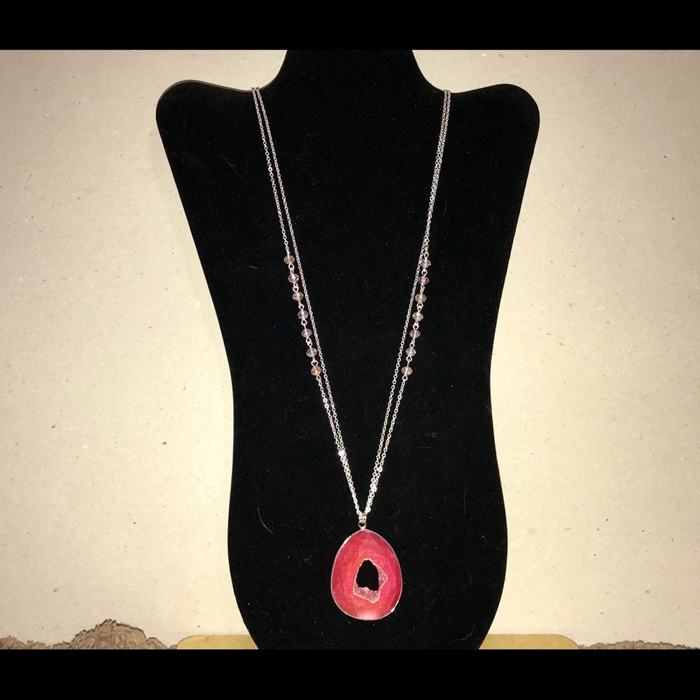 Silver & Hot Pink Teardrop Pendant 34” Necklace